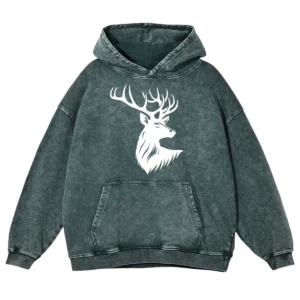 Deer Antler Head Washed Pullover Hoodie