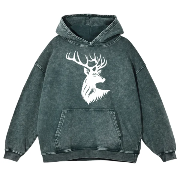 Deer Antler Head Washed Pullover Hoodie