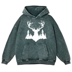 Deer Drawing Cold Washed Pullover Hoodie
