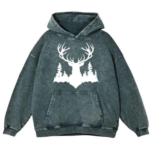 Deer Drawing Cold Washed Pullover Hoodie