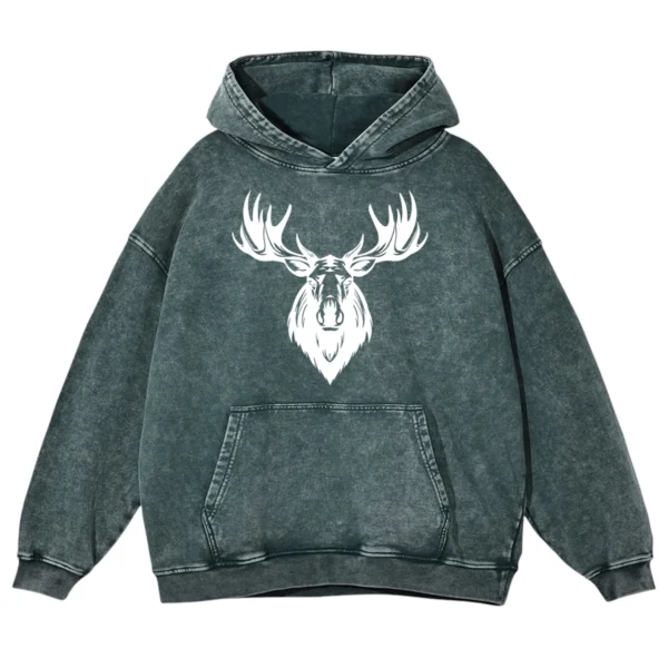 Deer Head Stencil Washed Pullover Hoodie