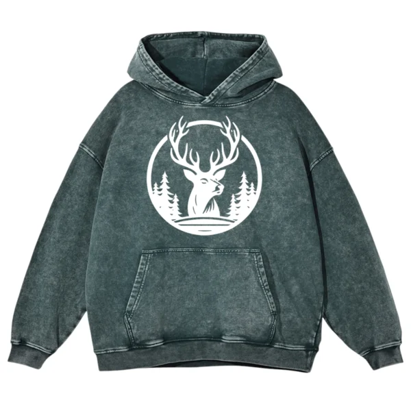 Hand Drawn Deer Washed Pullover Hoodie