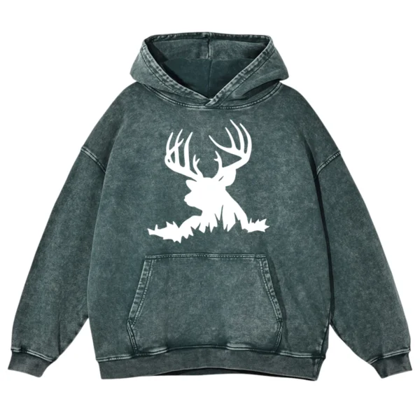 Stag Deer Head Hunter Washed Pullover Hoodie